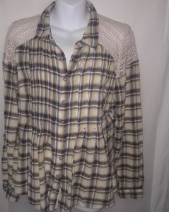 FREE PEOPLE Women's M plaid shirt w/ lace accents